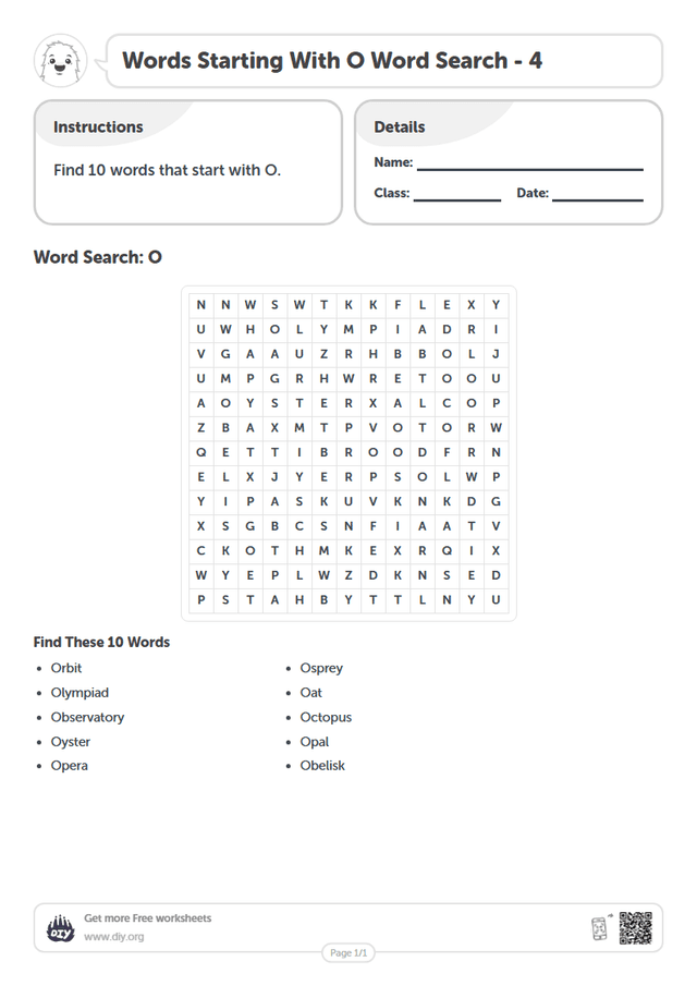 Words Starting With O Word Search page 1