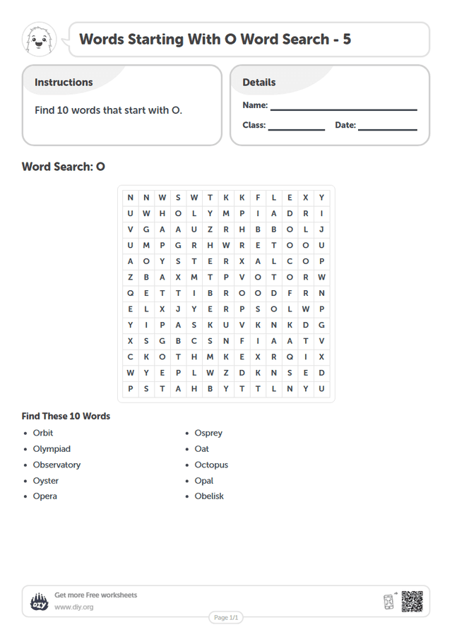 Words Starting With O Word Search page 1