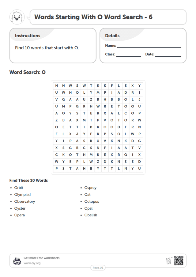 Words Starting With O Word Search page 1