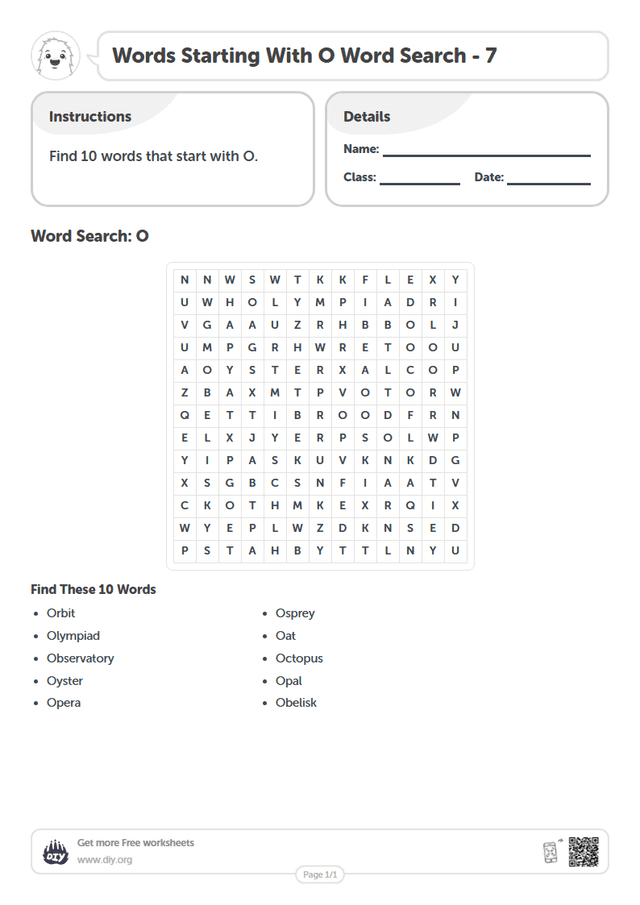 Words Starting With O Word Search page 1