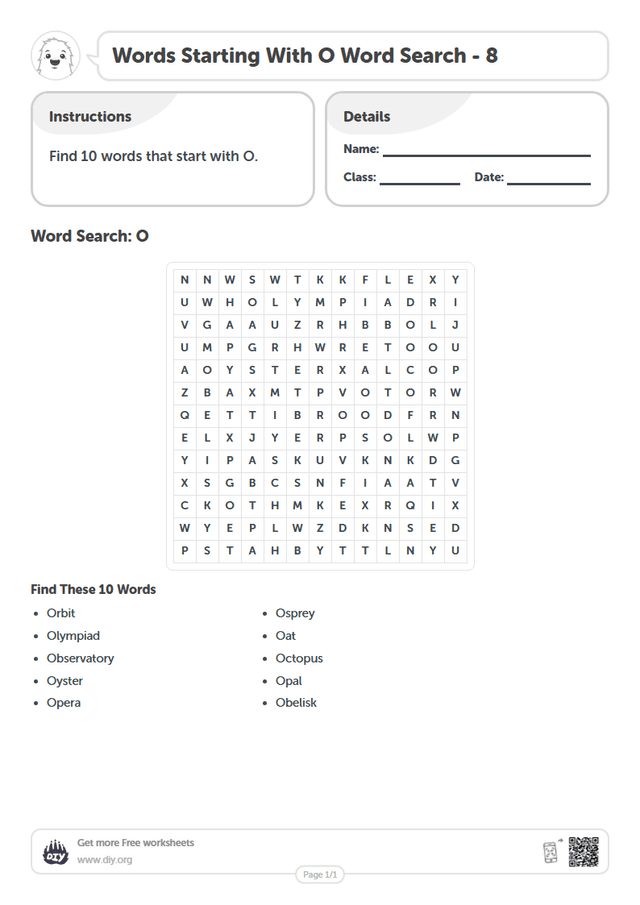 Words Starting With O Word Search page 1
