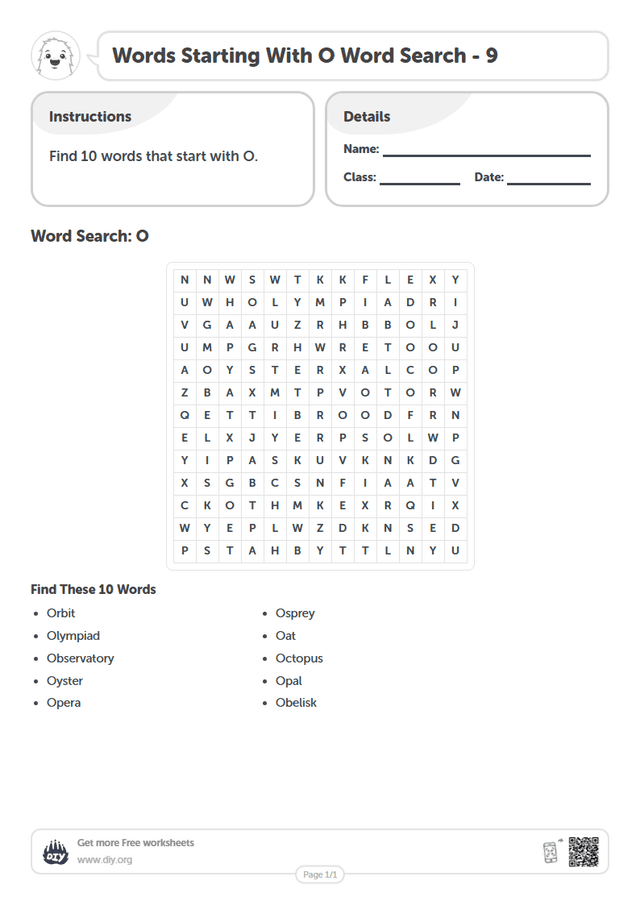 Words Starting With O Word Search page 1