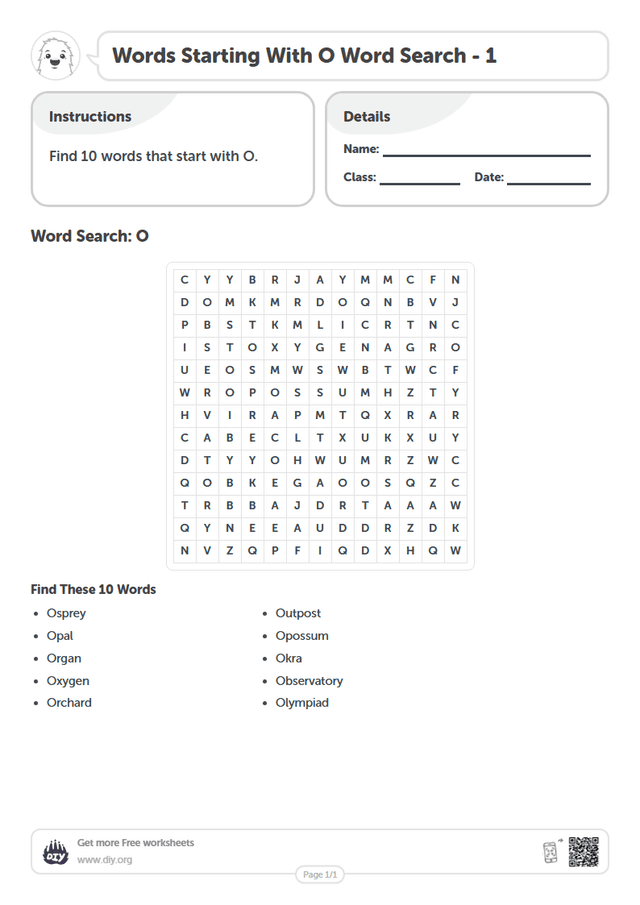 Words Starting With O Word Search page 1