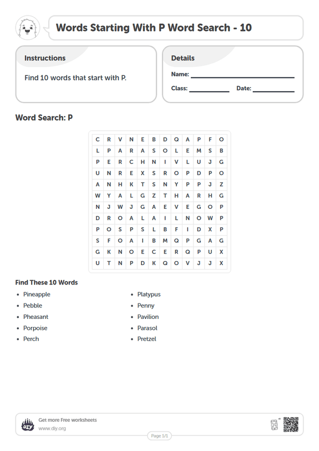 Words Starting With P Word Search page 1