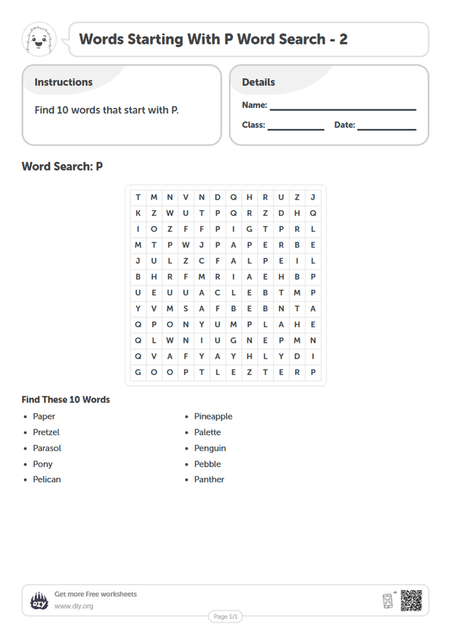 Words Starting With P Word Search page 1