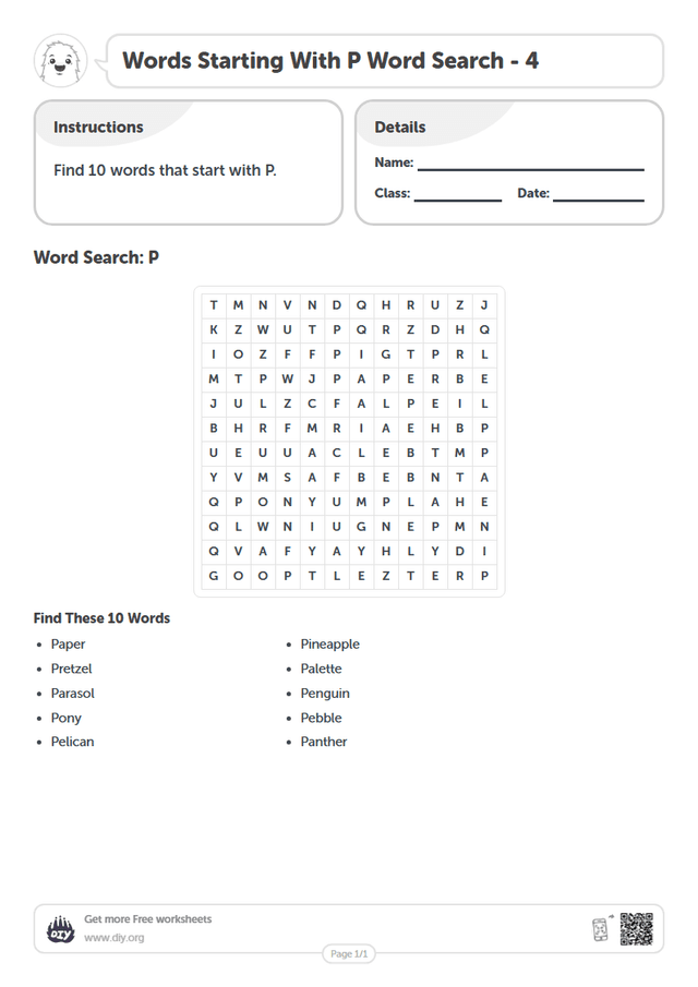 Words Starting With P Word Search page 1