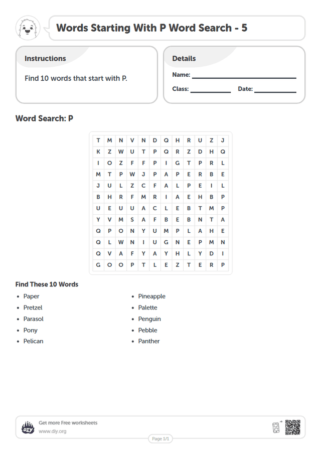 Words Starting With P Word Search page 1