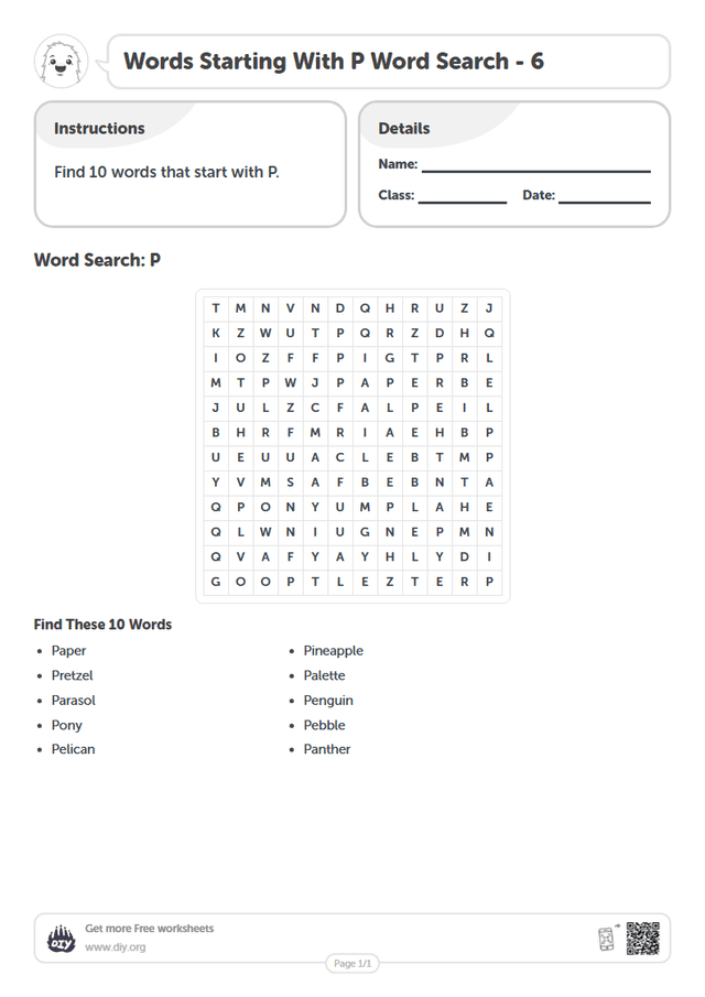 Words Starting With P Word Search page 1