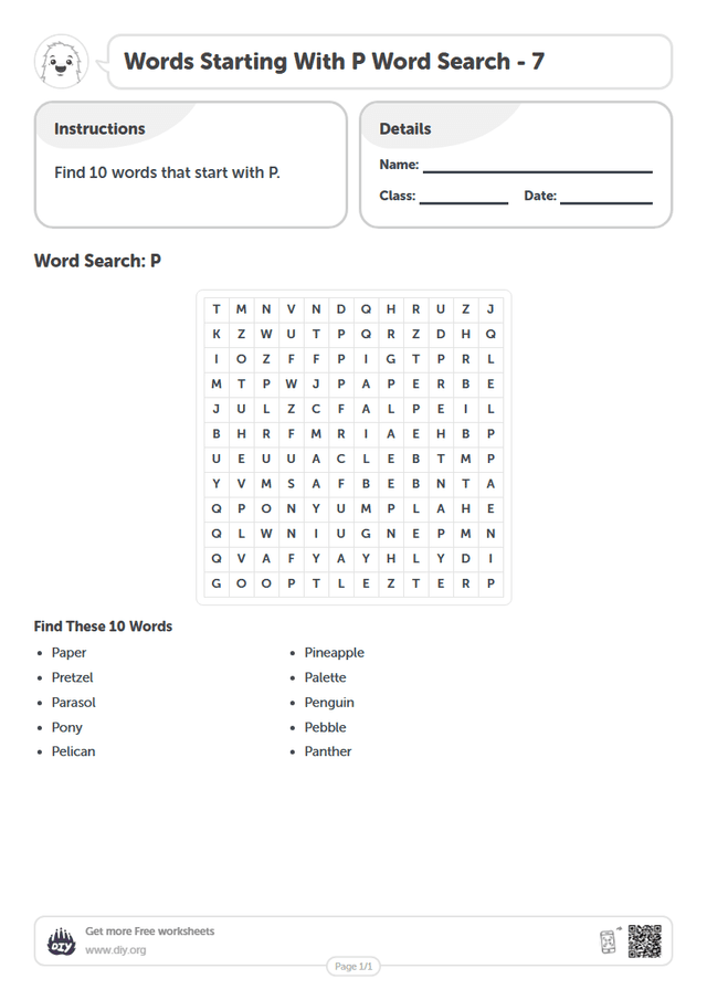 Words Starting With P Word Search page 1