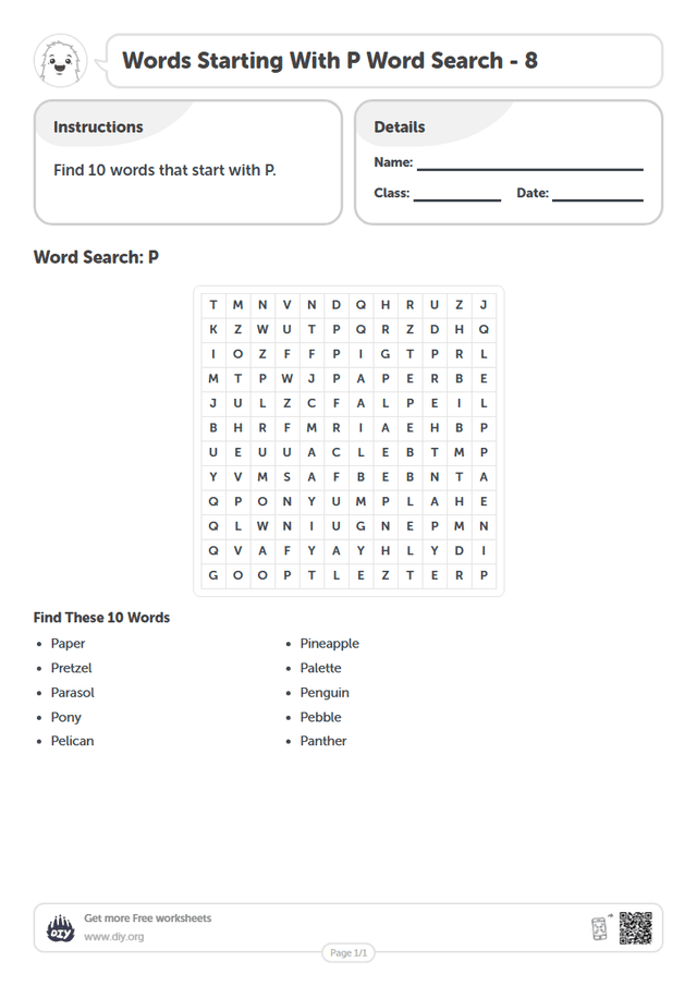 Words Starting With P Word Search page 1