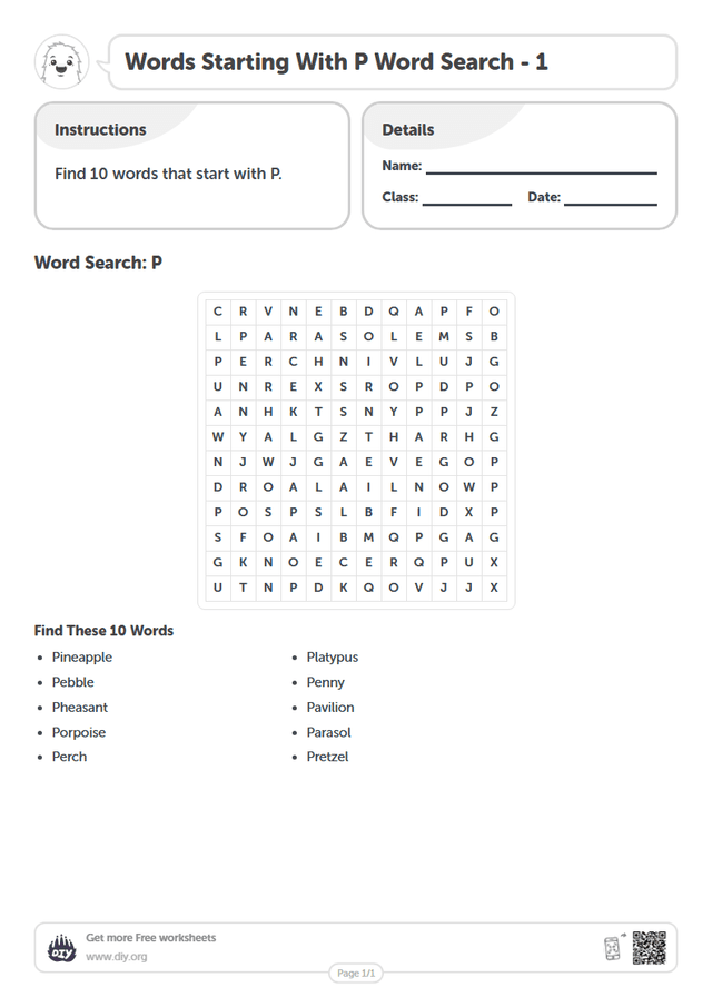Words Starting With P Word Search page 1