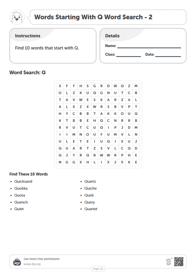 Words Starting With Q Word Search page 1