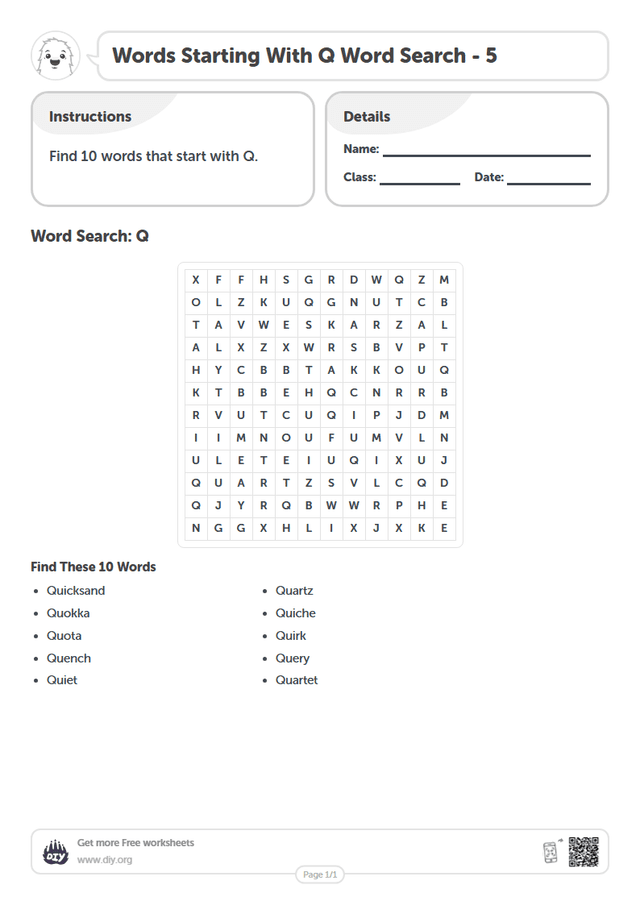 Words Starting With Q Word Search page 1