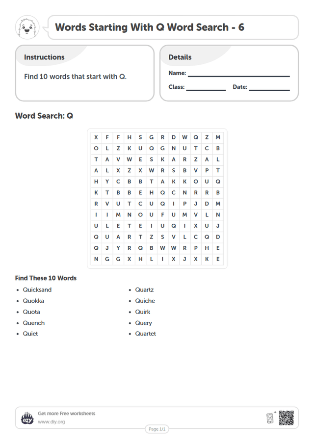 Words Starting With Q Word Search page 1