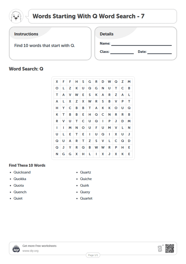 Words Starting With Q Word Search page 1