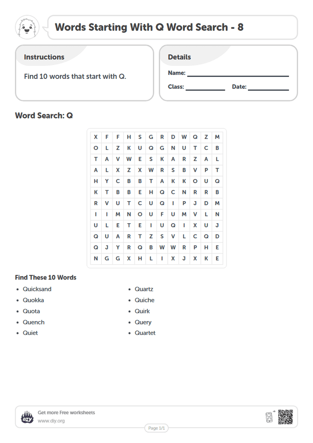 Words Starting With Q Word Search page 1