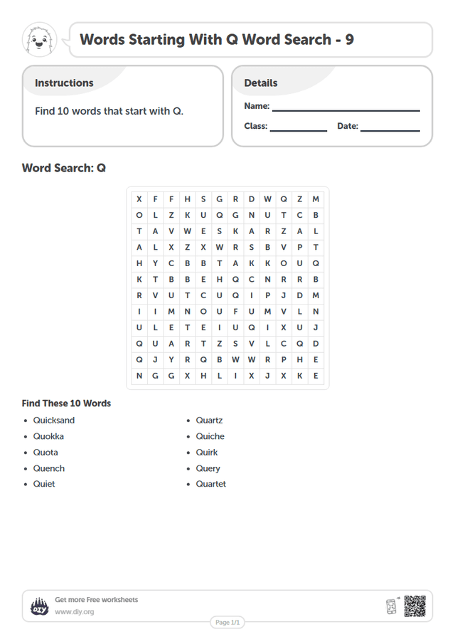 Words Starting With Q Word Search page 1