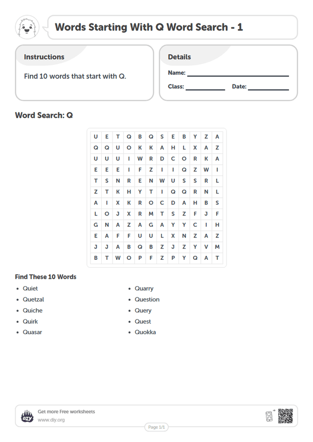 Words Starting With Q Word Search page 1