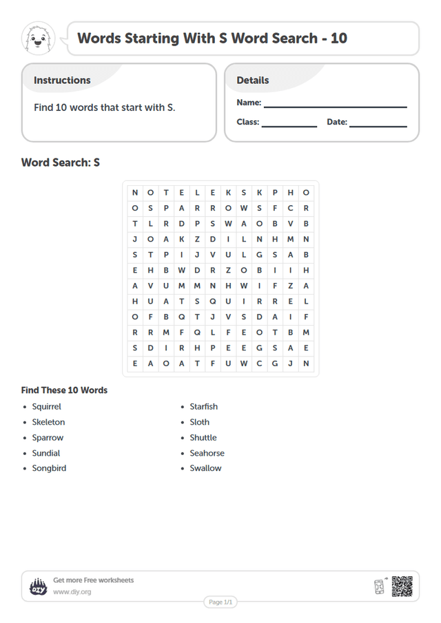 Words Starting With S Word Search page 1