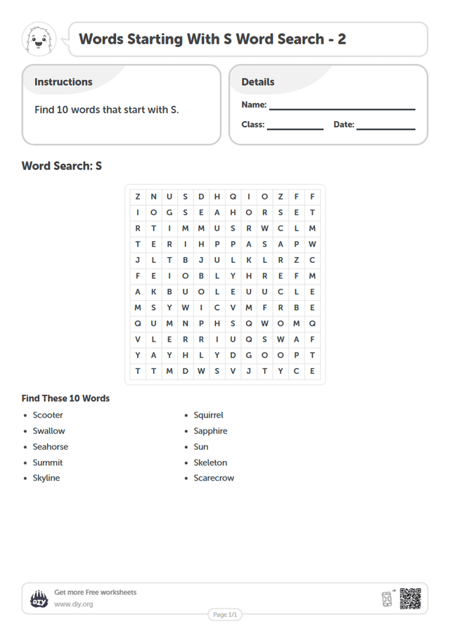 Words Starting With S Word Search page 1