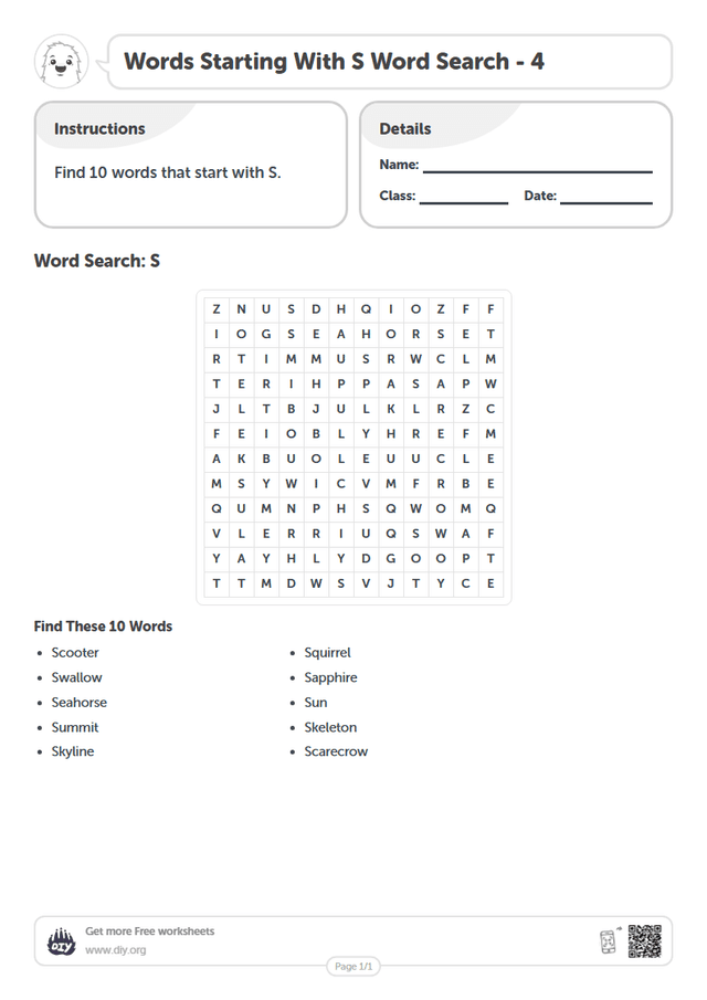 Words Starting With S Word Search page 1