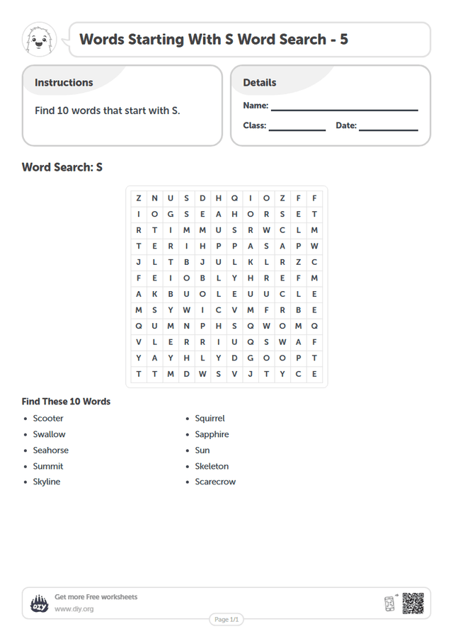 Words Starting With S Word Search page 1