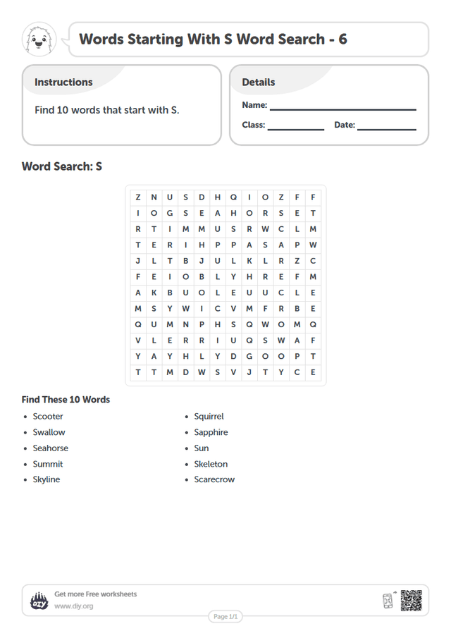 Words Starting With S Word Search page 1