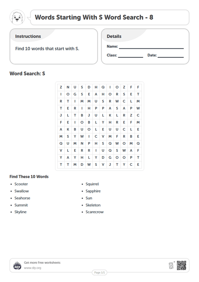 Words Starting With S Word Search page 1