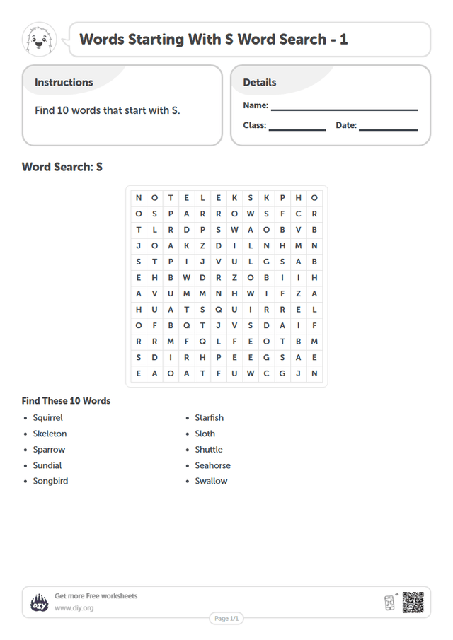Words Starting With S Word Search page 1