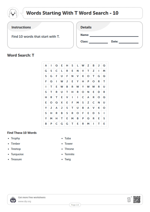 Words Starting With T Word Search page 1