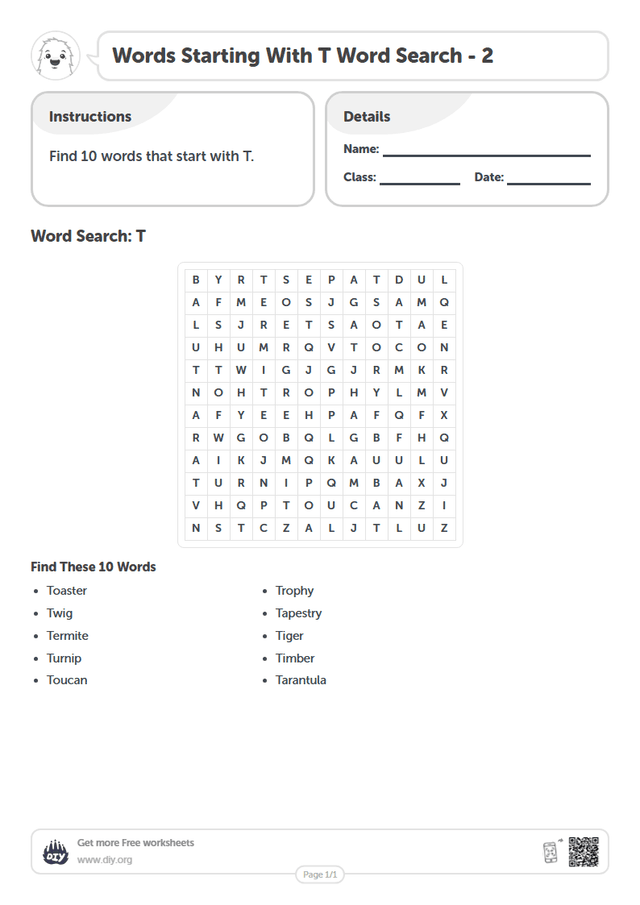 Words Starting With T Word Search page 1