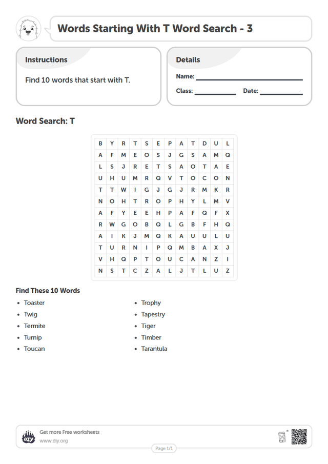 Words Starting With T Word Search page 1
