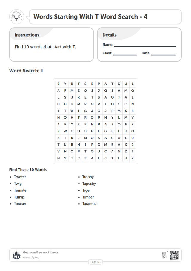 Words Starting With T Word Search page 1