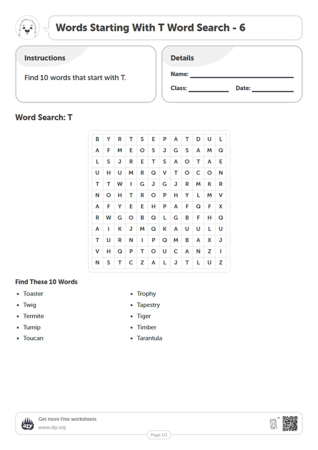 Words Starting With T Word Search page 1