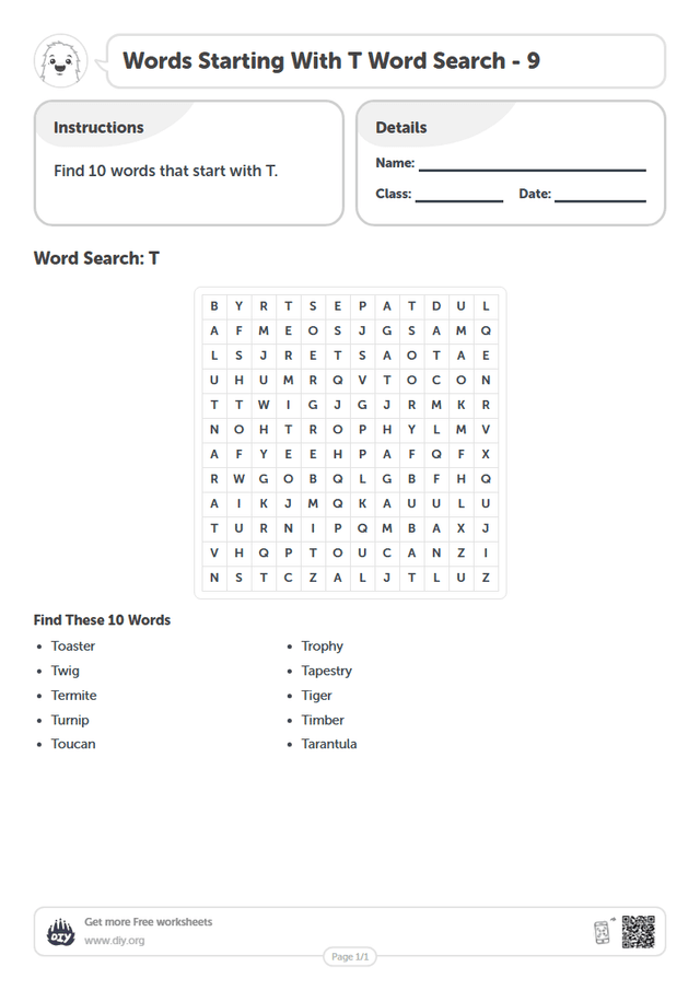 Words Starting With T Word Search page 1