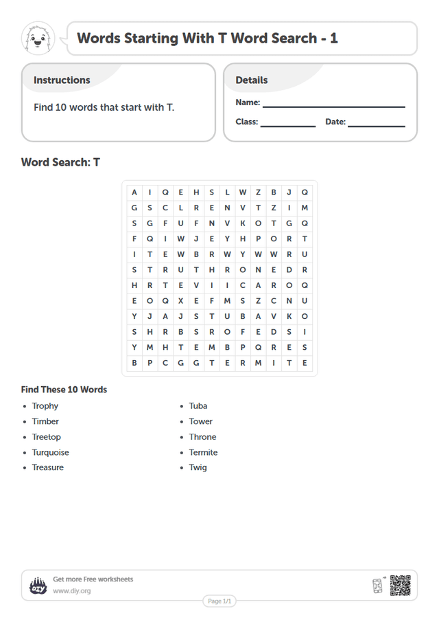 Words Starting With T Word Search page 1