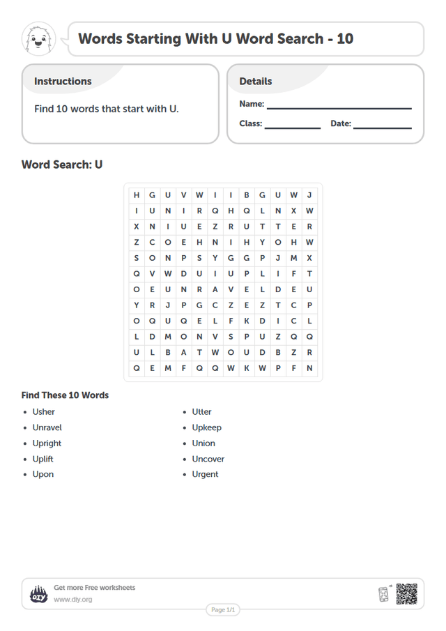Words Starting With U Word Search page 1