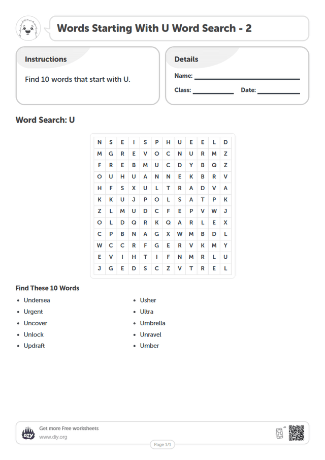 Words Starting With U Word Search page 1