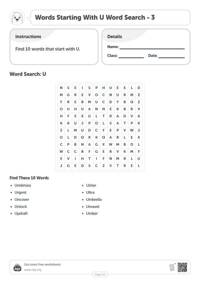 Words Starting With U Word Search page 1