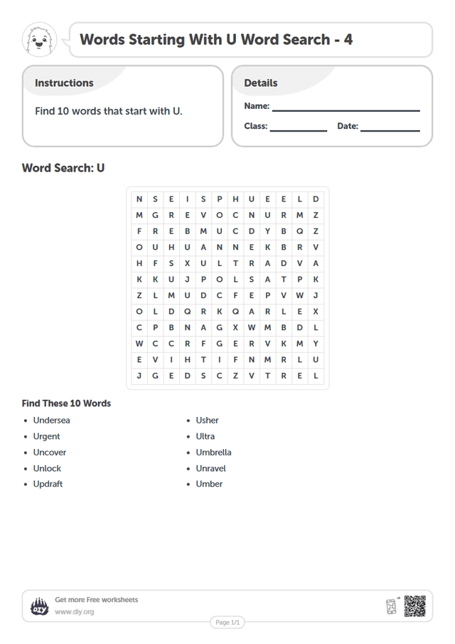 Words Starting With U Word Search page 1