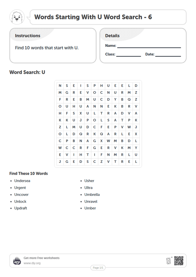 Words Starting With U Word Search page 1