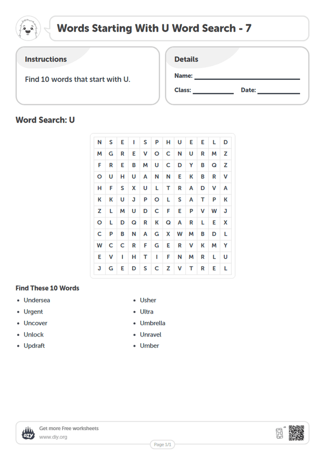 Words Starting With U Word Search page 1