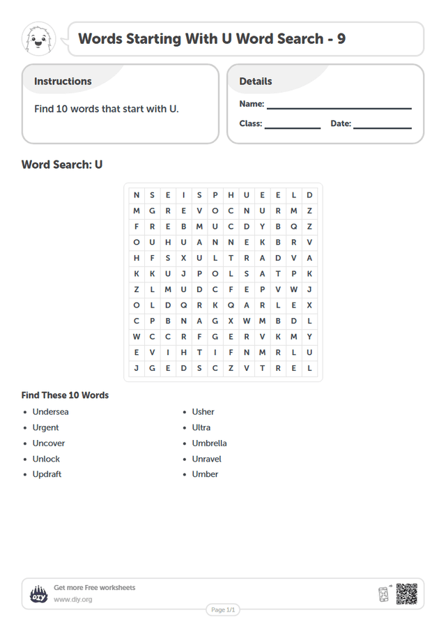 Words Starting With U Word Search page 1