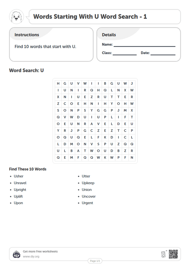 Words Starting With U Word Search page 1