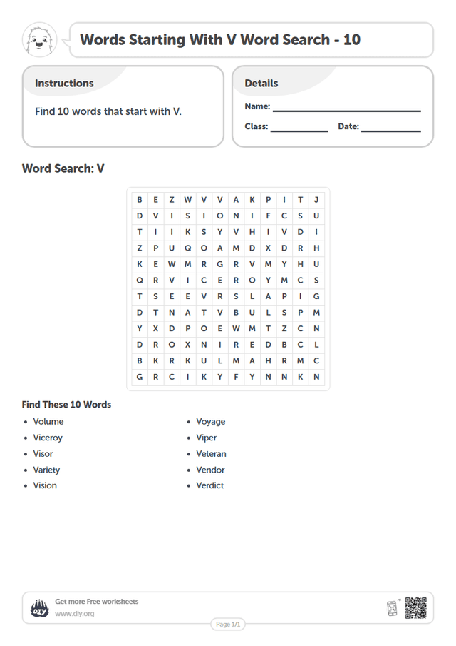 Words Starting With V Word Search page 1