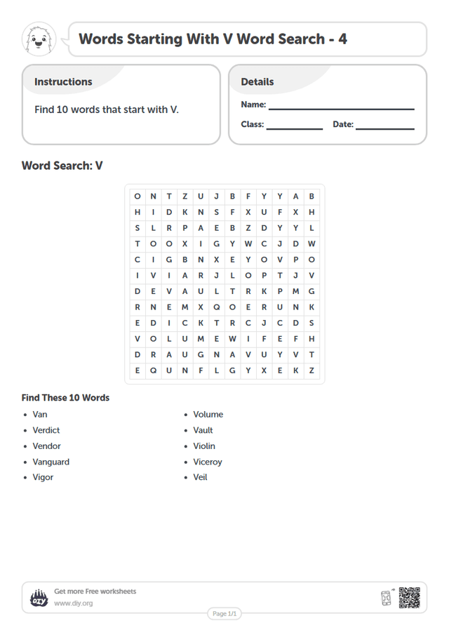 Words Starting With V Word Search page 1