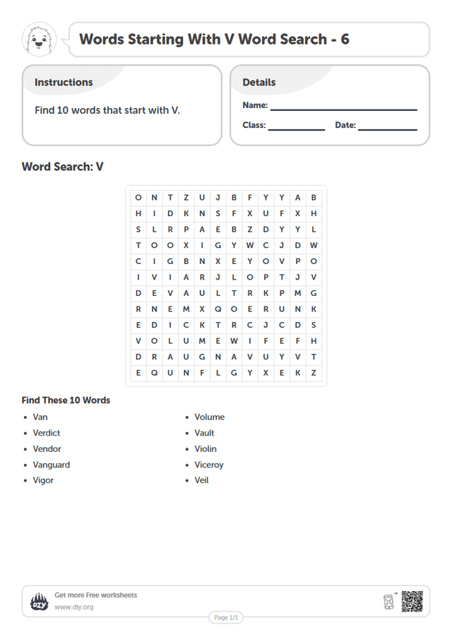 Words Starting With V Word Search page 1