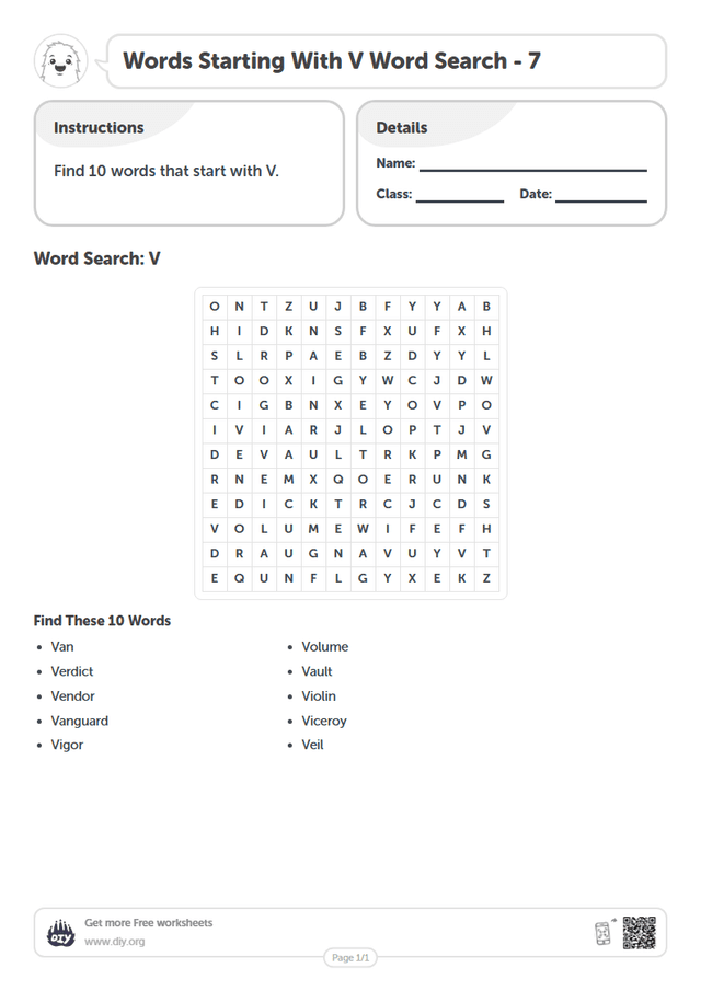 Words Starting With V Word Search page 1