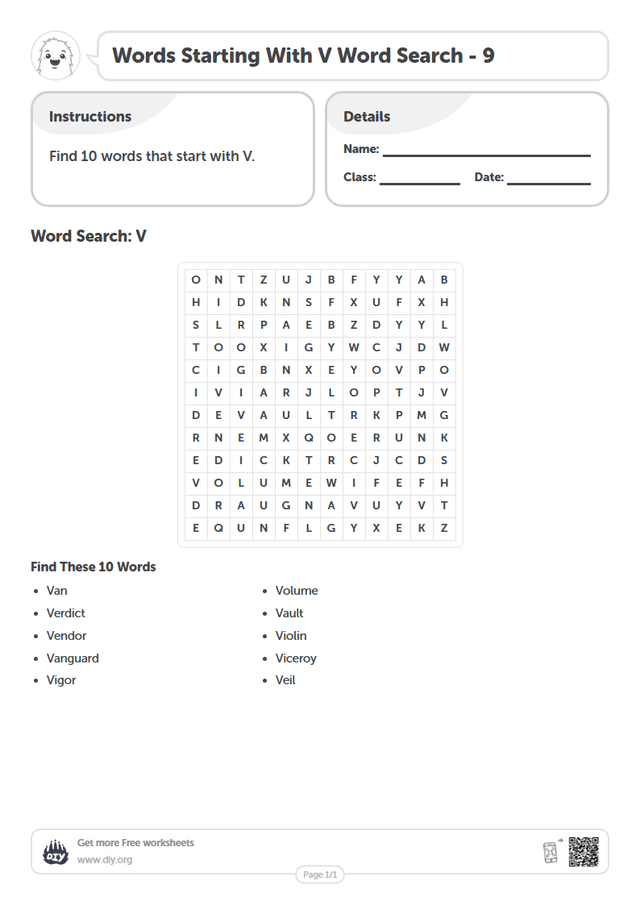 Words Starting With V Word Search page 1