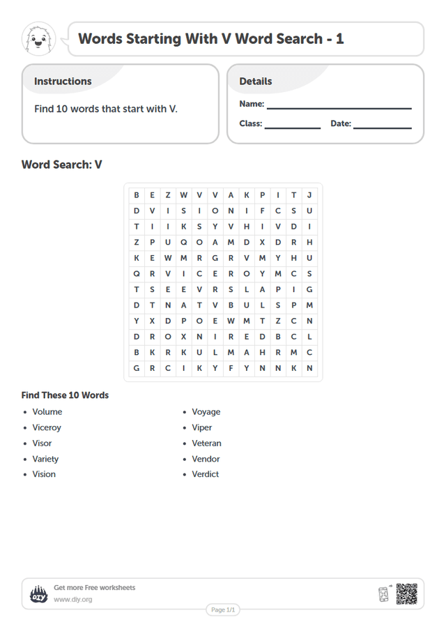 Words Starting With V Word Search page 1